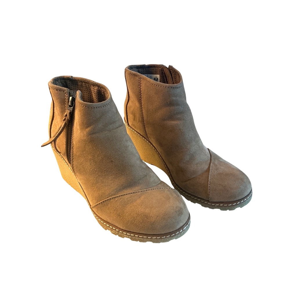 TOMS Leila Tan Suede Wedge Ankle Boots Women Size 7 Side Zip Booties